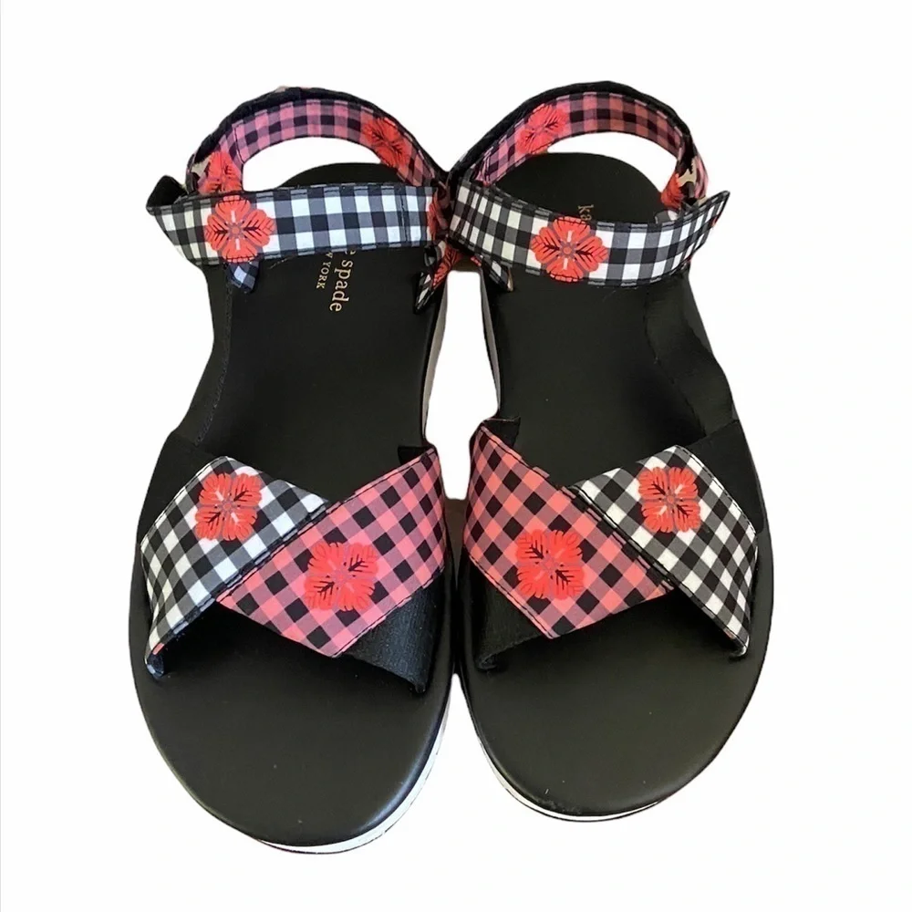 New Kate Spade Dotty Ankle Strap Floral Check Platform Sandal size 7.5